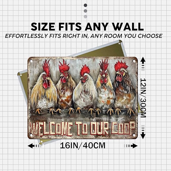 Vintage Chicken Tin Sign Welcome to Our Coop Retro Farm Metal Sign Funny Chicken Lovers Nostalgic Rustic Wall Decor Wall Art For Farmhouse Outdoor Poultry House Cafe Yard 16 * 12In