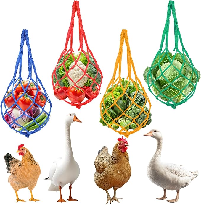 4Pcs Hanging Chicken Net Feeder, Chicken Treat Dispenser, Chicken-Treat Nets for Poultry, Hens, Duck (Green, Yellow, Red, Blue)