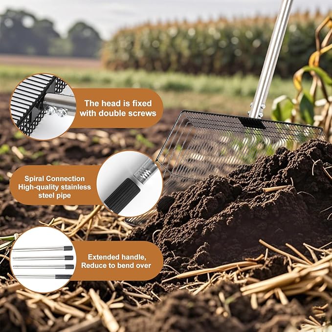 15" Large Chicken Poop Scooper with 64" Adjustable Long Handle - Heavy Duty Stainless Steel Metal Litter Shovel for Coop Sand, Poultry Manure & Pet Waste Cleaning - Durable 3-in-1 Garden Rake Tool