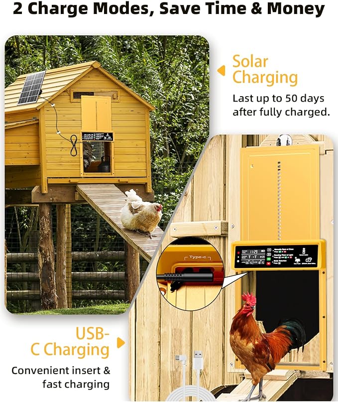 Automatic Chicken Coop Door, Pet Deluxe Chicken Coop Door Solar Powered 7W - Programmable Timer, Light Sensor, Anti-Pinch Safety, Aluminum Alloy Frame with 10 Wire Clips Chicken Door - Gold