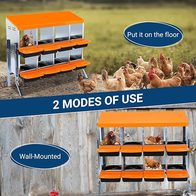 [8-Pack] Chicken Nest Box for Hens - Galvanized Steel Wall-Mounted or Freestanding Chicken Nest with Ventilation Holes - Poultry Nest Box with Legs for Egg Laying (Orange)