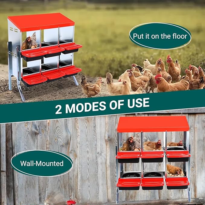 Nesting Boxes for Chickens - 6 Holes Metal Chicken Nesting Boxes for Laying Eggs,with Lockable Lid & for Egg Collection & Protection - Protect Eggs & Easy to Clean