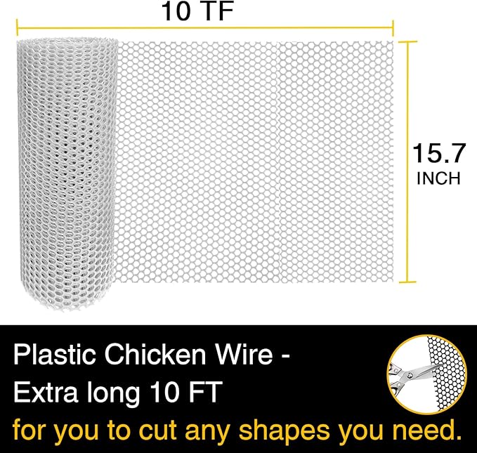 Chicken Wire Fence Mesh Plastic with Zip Ties, 1.3×10FT Chicken Wire Mesh for Gardening, Poultry Fencing, Crafts, Moss Poles, DIY, Floral Netting - White