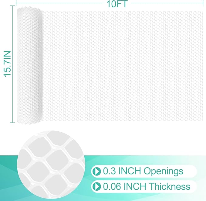 Plastic Mesh Fence Sheet 15.7IN x 10FT - 0.3IN Opening Plastic Chicken Wire Netting Roll Durable for Dogs, Poultry, Puppy, Garden Snake Barrier with 50 Pcs Zip Ties - White
