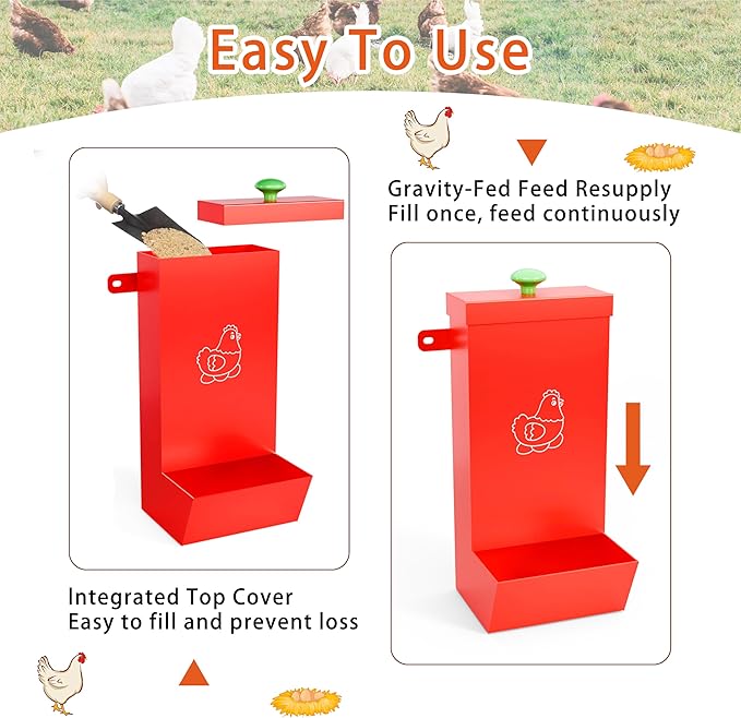 2-Pack Metal Hanging Chicken Feeder with Lid – Waterproof Gravity Poultry Feeder Trough, Automatic Chicken Coop Accessories (Black + Red)