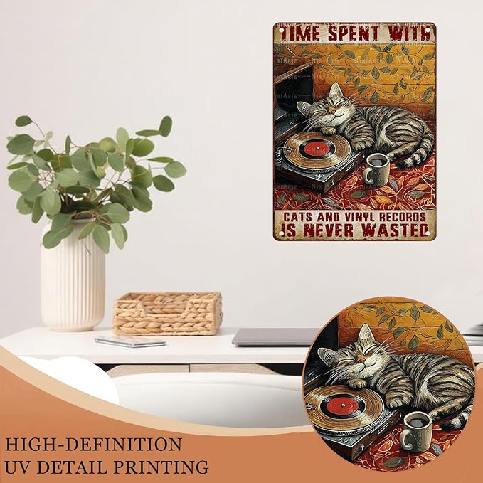 Vintage Vinyl Record Metal Sign Rustic Music Room Decor Cat Enthusiast Wall Art Quote 12X16Inch
