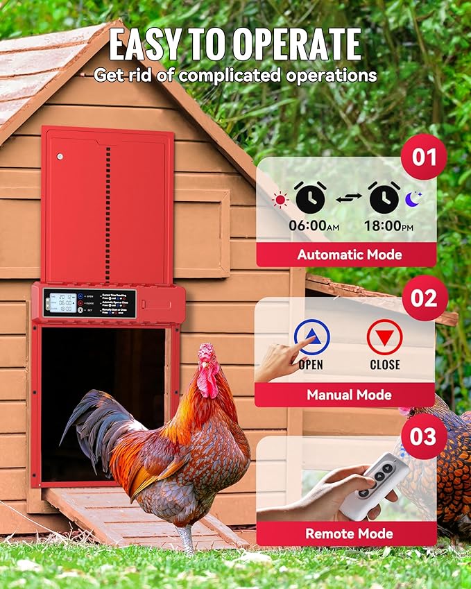 Automatic Chicken Coop Door Solar Powered with XL Large Size 10.8″x 14.2″ Red Auto Chicken Door Design with USB-C Charging & 3 Modes, Anti-Pinch & Aluminum Alloy Weather Proof