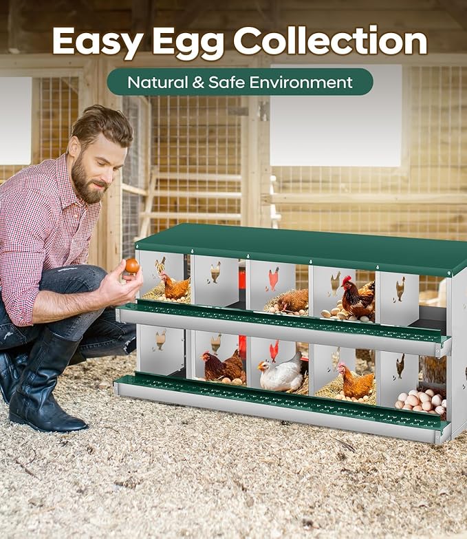 10-Hole Double-Tier Chicken Nesting Box - Large Galvanized Steel Rollaway Egg Laying Box - Vented, Easy Clean, Wall Mount or Freestanding Hen Coop Accessory with Egg Collection Tray, Green,