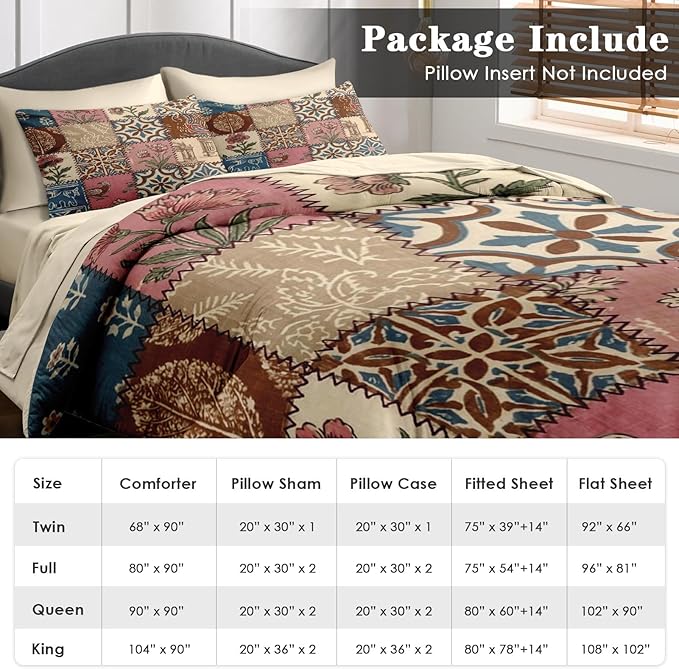 Comforter Set Full Size, Country Plaid Patchwork 7 Pcs Bedding for Kids and Adults, Flower Geometric Retro Bed Sheet Sets with Fitted Sheet 2 Pillowcases & 2 Shams for Bedroom Bed Decor