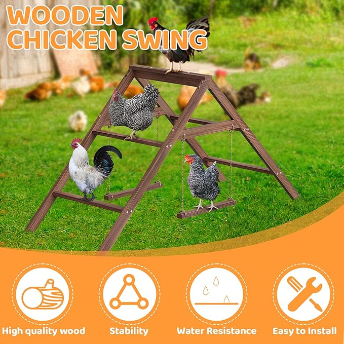Large Chicken Perch with 2 Swings, Wood Roost Stand for 10-12 Chickens, Multi-Level Chicken Roosting Bars, Easy to Assemble Backyard Chicken Coop Accessories