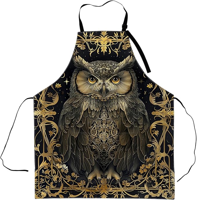 Elegant Owl Apron,Adjustable Waterproof Oxford Fabric Kitchen Apron with 2 Pockets for Men and Women, Cooking, Baking, BBQ, Coffee Shop, Housewarming Gifts, 28x33 Inches