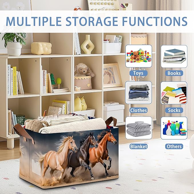 Running Horse Storage Basket with Handles,Collapsible Rectangle Organizer Bin for Room Decoration Books Box Baskets 17x11.5x10Inch