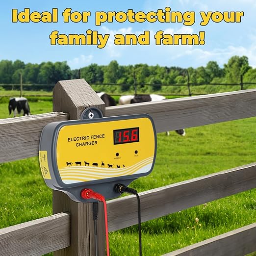 Electric Fence Charger 12V Input to 12KV Output, 2 Joule, 120 Acre Plug-in Electric Fence Energizer for Wildlife Control & Animal Intrusion Prevention Includes Warning Signs and Conductive Wire
