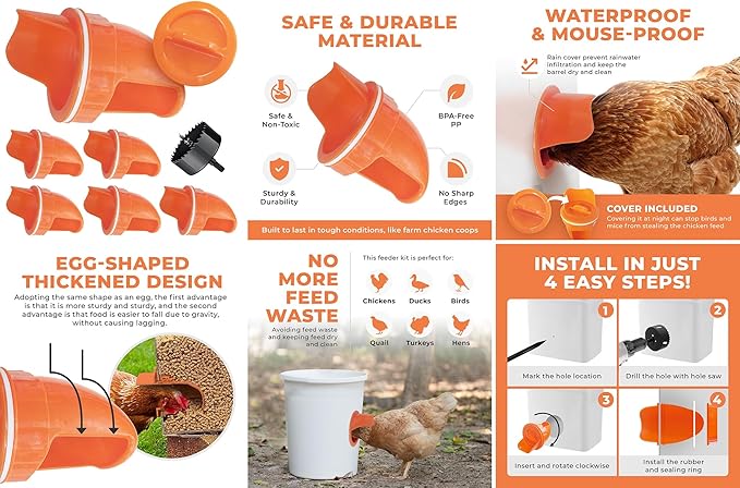 Durable Chicken Feeder Rain Proof Poultry Feeder Port Gravity Feed Kit for Buckets, Barrels, Bins, Troughs, Easy Clean - 6 Pack with Hole Saw for Easy Installation