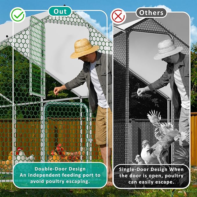 Large Metal Chicken Coop, Walk-in Chicken Run with Feeding Door, Security Lock and Cover, Outdoor Duck/Rabbit Cage Poultry Pen for Backyard, Farm, Yard (Silver - Spire Roof, 26.2 x 9.8 x 6.5 FT)