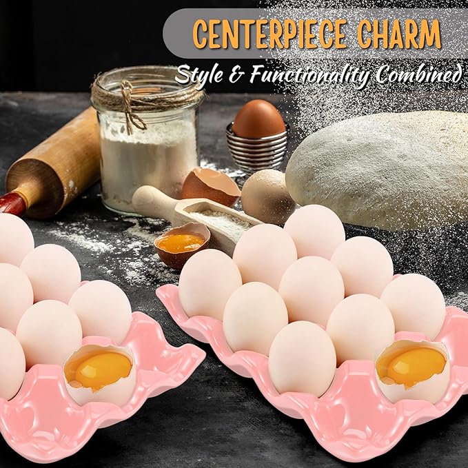 Flexzion 12 Cups Ceramic Egg Holder for Fridge - Dozen Ceramic Egg Tray Porcelain Container Storage Organizer Decorative Serving Stand Serveware for Refrigerator Countertop Display (Pink, 2 Pack)