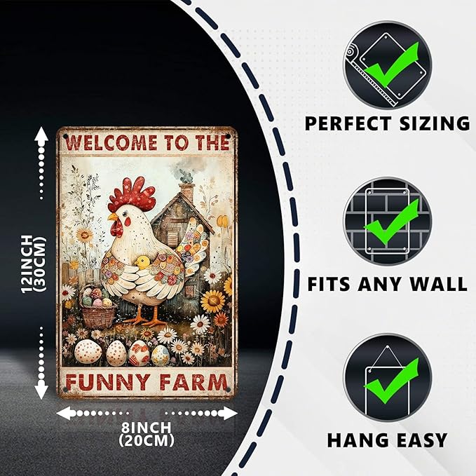 Chicken Metal Sign Chicken Coop Metal Decor Welcome To The Funny Farm Tin Signs Vintage Farmhouse Poster Rustic Wall Decor For Home Farm Poultry House Cafe Kitchen Bar Yard Gate 12 * 8 In