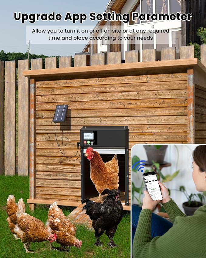 2025 Upgraded Solar Powered Automatic Chicken Door, WiFi Remote Control Chicken Coop Door, with LCD Display & Timer & Light Sensor, Chicken Door with Anti-Pinch Design