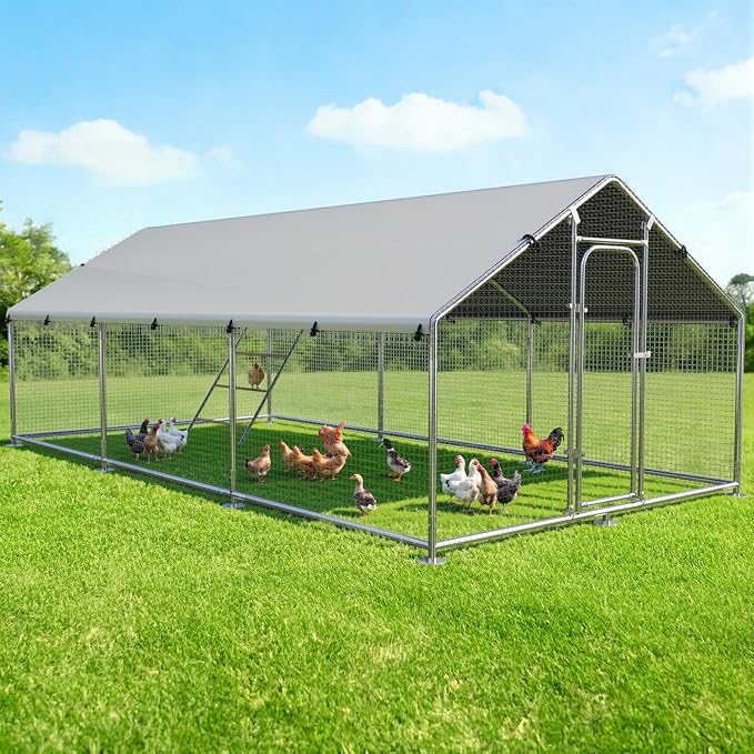 Large Metal Chicken Coop Run with Roosting Perch, Outdoor Poultry Cage with Waterproof & UV-Resistant Cover for Chickens, Ducks, Rabbits in Yard or Farm Use, Spire Roof(8.9'W x17.7'L x 6.6'H)