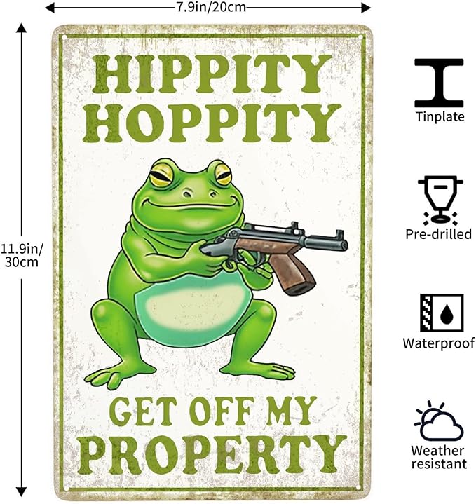 Vintage Frog Room Sign Hippity Get Off My Property Metal Poster Sign Decor-Cool Stuff Retro Aluminum Metal Tin Sign Warning Sign for Home Wall Decor, Garden Bathroom Signs Gift,12''x 8''