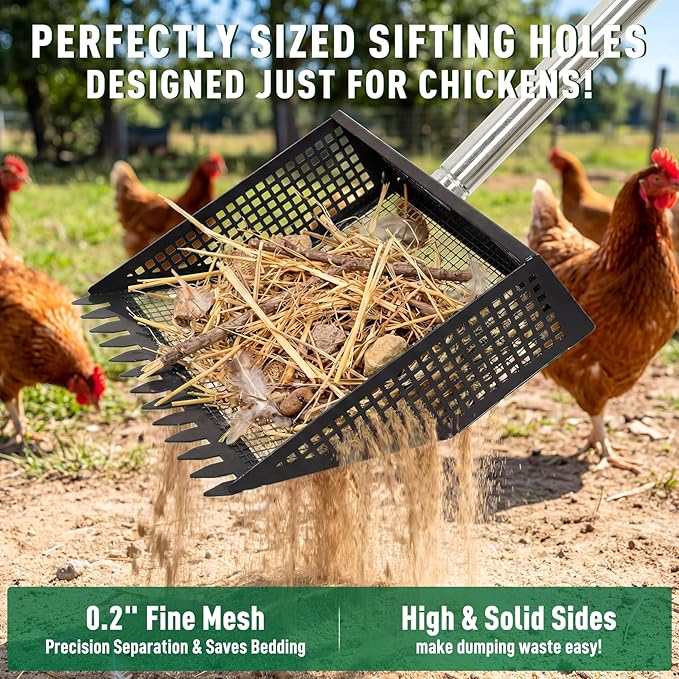 TOOGE Upgraded Chicken Poop Scooper: 10" Metal Pooper Scooper & Rake 4-Section 62" Long Handle Chicken Coop Scoop Scoopers Accessories Large Sand Sifting Litter Shovel for Goats/Yard/Farm/Beach Black