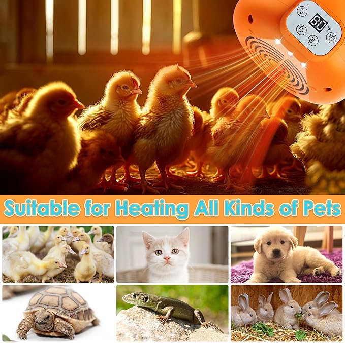 Enhon Chicken Coop Heater, Timing Heat Lamp for Chickens, Smart Temperature Control Chicken Brooder Heater, 5 Ft Long Cable Heating Lamp for Duck Dog Cats, No Remote