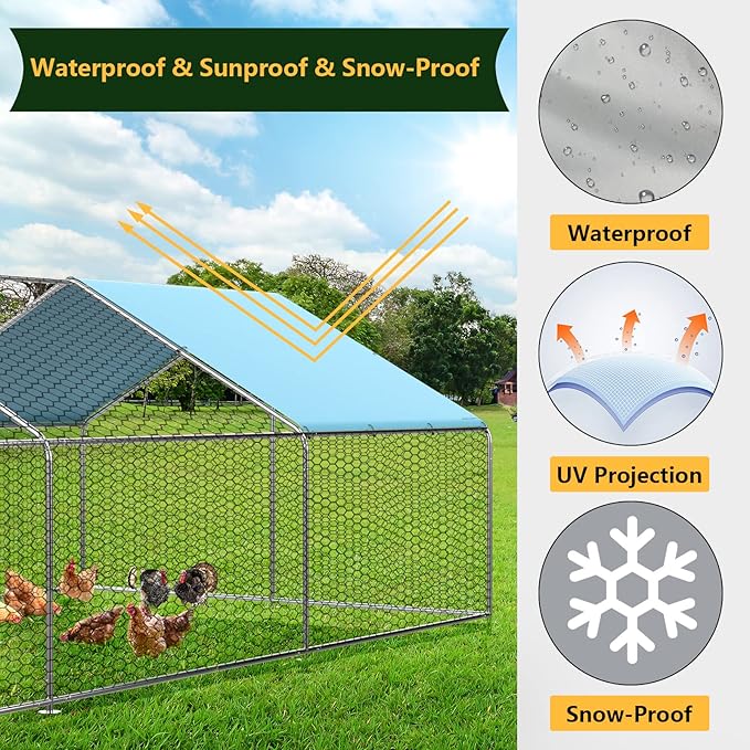 LOVMOR Large Chicken Coop Metal Chicken Run for 6 Chickens,Dog Kennel Quail Cage Duck House with Waterproof and Anti-UV Cover Lockable Door Design(9.8'Lx6.6'Wx6.4'H)