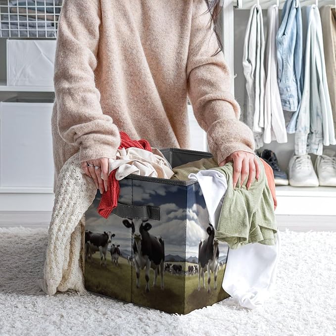 Farm Cow Pictures Storage Bins Cubes Fabric Cube Organizer with Handle Durable Storage Boxes Large Storage Baskets Foldable Cube Bins for Home Clothes Closet Organizers