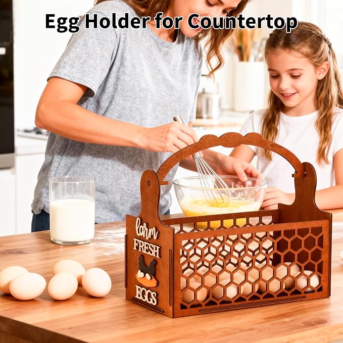 Rustic Farm Wooden Egg Holder & Basket with Honeycomb Design - For Kitchen Countertop, Farm Collection & Tabletop Serving, Fresh Chicken Egg Storage