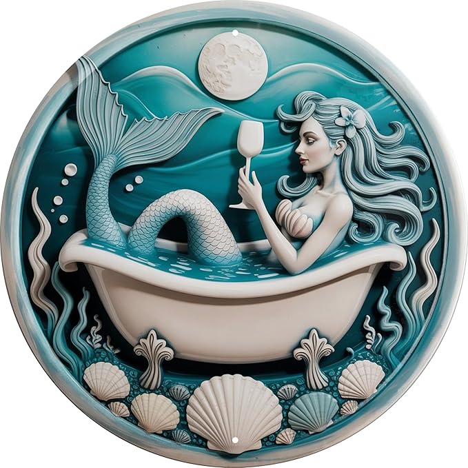 Mermaid Fish Tank Metal Sign 8x8in Round Aquatic Plaque for Ocean Room Wall Decor Nautical Gift