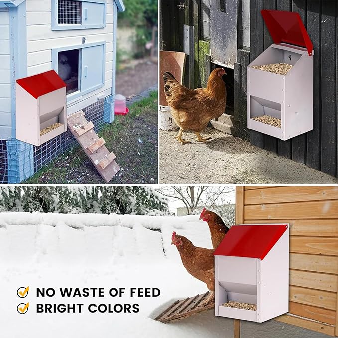 Galvanized Wall Mount Chicken Feeder No Waste Hanging Chicken Feeder with Lid Weatherproof Metal Automatic Poultry Feeder Trough Food Dispenser for Outside Coop (10 lbs)