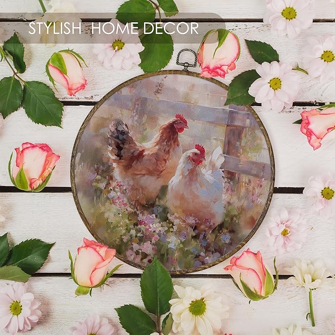 Fewgb Rustic Chicken Round Wall Art Decor Framed, Vintage Farmhouse Country Canvas Wall Art Prints Picture, Farm Cottagecore Hanging Room Decor Artwork for Gallery Bedroom Living Room 10x10