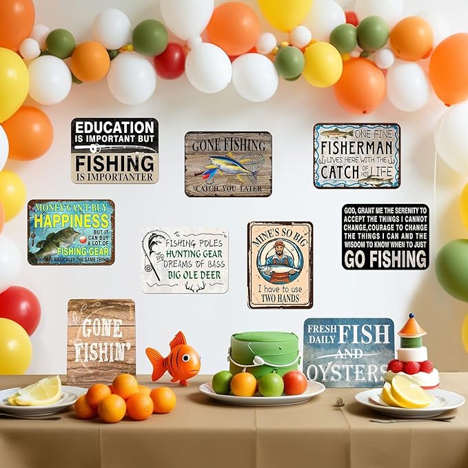 WERNNSAI Fishing Party Decorations - 9 PCS Gone Fishing Birthday Party Decorations for Boys - Fisherman Fish Theme - Vintage Wall Decor for Home Garden Yard