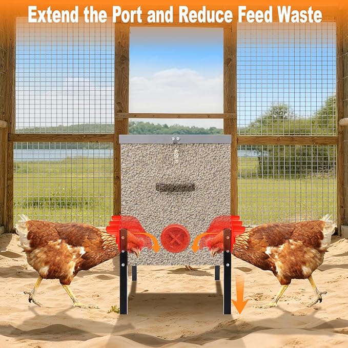 50LB Automatic Chicken Feeder–8 Feeding Ports No-Waste Galvanized Metal Chicken Feeder Box with Adjustable Legs & Locking Lid Poultry Feeder for Chickens,Geese,Ducks,Rust-Resistant
