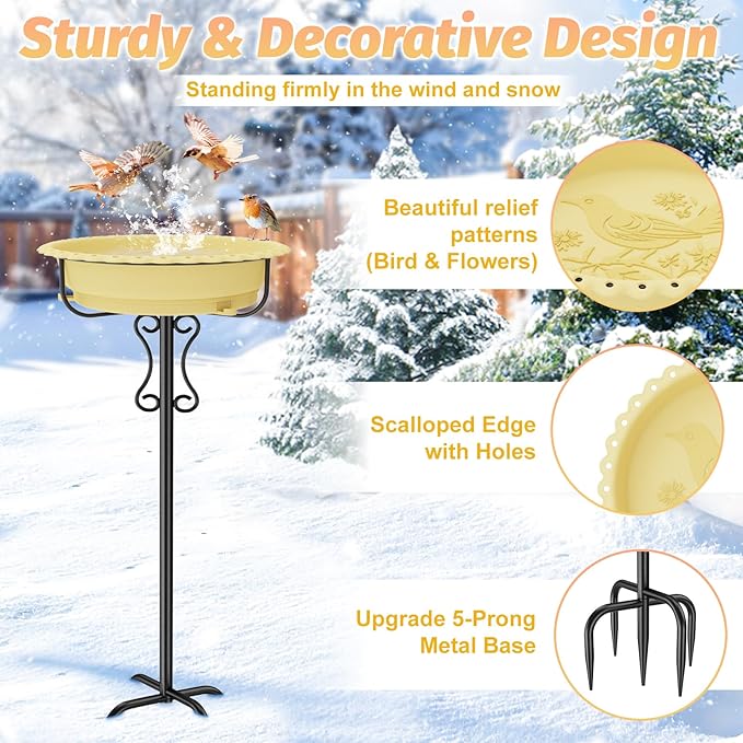 Heated Bird Bath for Outside Winter,100W Thermostat Control Birdbath Bowl with Metal 5-Prong Base,Freestanding Heated Bird Baths for Outdoors Garden Patio Yard Lawn (Beige)