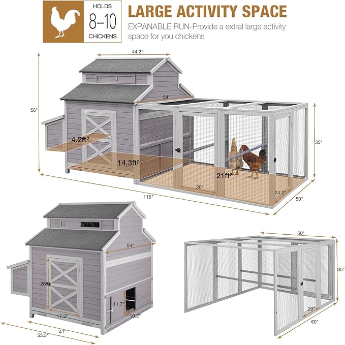 Chicken Coop 115in Large Chicken House with Run Poultry Cage with Nesting Boxes, 8-10 Chickens