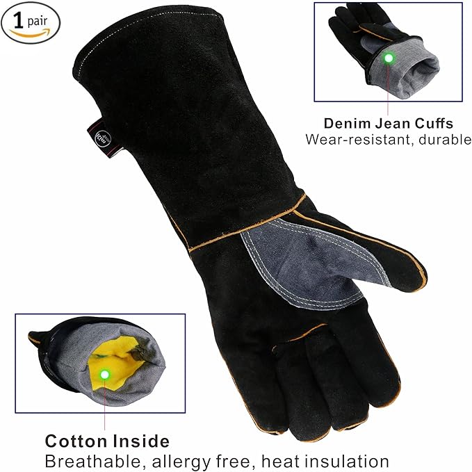 Extreme Heat & Fire Resistant Gloves Leather with Kevlar Stitching,Mitts Perfect for Fireplace, Stove, Oven, Grill, Welding, BBQ, Mig, Pot Holder, Animal Handling
