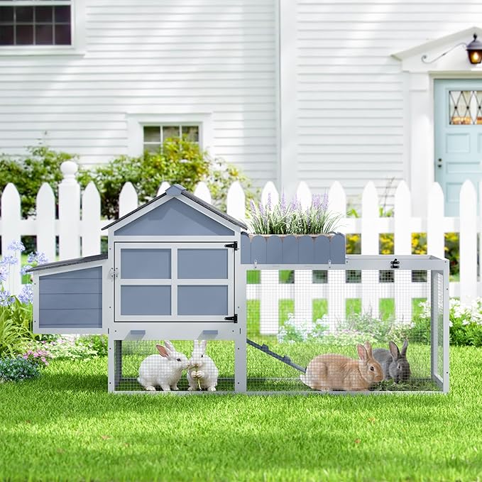 COZIWOW Outdoor Chicken Coop, Wooden Hen House with Nesting Box, Run, Resting Room, Ramp, Pull-Out Tray, Weatherproof, Patio Garden Pen Hutch for Ducks Poultry Pets, Easy to Clean, Gray (Plant Fence)