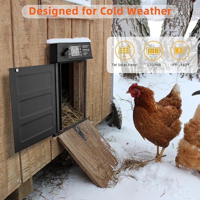 Automatic Chicken Coop Door Solar Powered, Cold Weather Electric Chicken Door Large Size Aluminum Door with Light Sensor & Timer with Power Off Emergency Mode Black