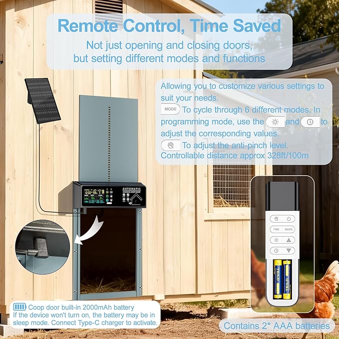 Solar Powered Automatic Chicken Coop Door with Remote Control – Smart Anti-Pinch Safety, Color LCD Display, Heavy-Duty Aluminum, All-Weather Operation (Light Blue)