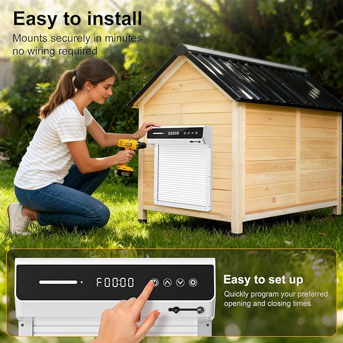 Automatic Chicken Coop Door Solar, Battery Powered & Weatherproof Aluminum, Timer Modes for Safe and Convenient Chicken, Easy Install, Reliable All-Season Performance (White+Black)