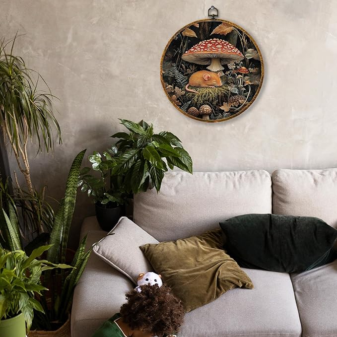 Hiuwevt Fantastic Forest Mushroom Rat Round Wall Art Decor, Mystical Woods Fern Plant Hanging Canvas Prints Artwork Framed, Cottagecore Mushroom Botanical Circular Wall Decor for Home, 10x10 Inch
