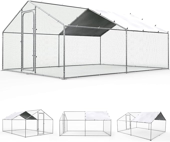 ORANLAND Large Metal Chicken Coop, Spire Chicken Runs for Yard with Cover, Walk in Chicken Coop with Security Lock and Waterproof Cover for Outdoor Farm Use