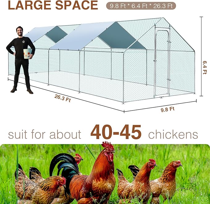 Large Metal Chicken Coop for 40-45 Chickens, Walk-in Chicken Run, Chicken Pen Outdoor W/Cover, Waterproof & Anti-UV, 26.3' D x 9.8' W x 6.4' H, Wire Mesh Poultry Cage for Yard #LYJL08JD-US