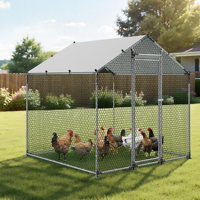 VEVOR Metal Chicken Coop, 6.56x6.56x6.56ft Large Walk-in Chicken Runs with Cover, Spire Roof Hen House Enclosure with Security Lock, Outdoor Duck Rabbit Cage Poultry Pen for Backyard, Farm, Yard