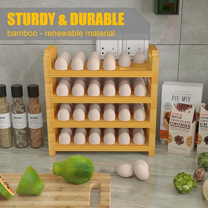 Bamboo Egg Holder Countertop - Stackable Design for Fresh Eggs, Farmhouse Egg Tray Storage Display Rack, Kitchen Counter Top Organizer Wooden Egg Stand, Fits Quail, Duck, Turkey, Chicken Eggs (Modern)
