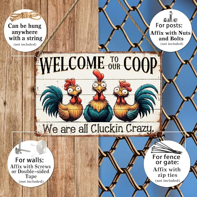 Welcome to Our Coop Sign We Are All Cluckin Crazy Metal Tin Sign Farmhouse Kitchen Coop Decor Funny Novelty Chicken Coop Accessories Farm Wall Decor 8x12 Inch