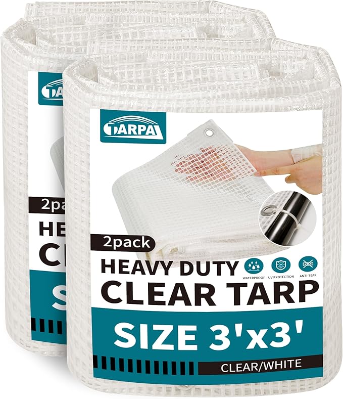 TARPAL 3'x3'（2pack Clear White Tarp Heavy Duty Waterproof 12mil with Grommets or Zip Ties for Small Greenhouse for Outdoors Garden,Farm,Chicken Coops