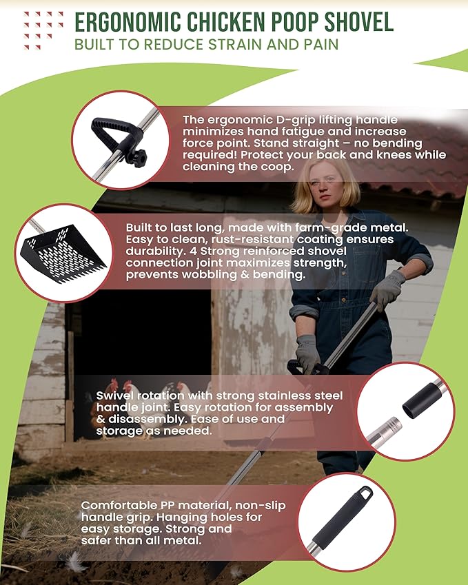 2-in-1 Chicken Poop Scooper & Rake –10” Wide Metal Sifting Shovel with Fine Mesh Slots, Chicken Pooper Scooper for Sand with Adjustable 39–67” Stainless Steel Handle, Animal Waste & Coop Cleaning Tool