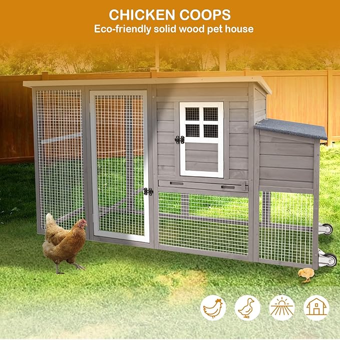 Chicken Coop Solid Wood with Large Run Cage 2 Stories - Asphalt Roof, Nest Box, Pu Wheels, Pole Chicken Perch